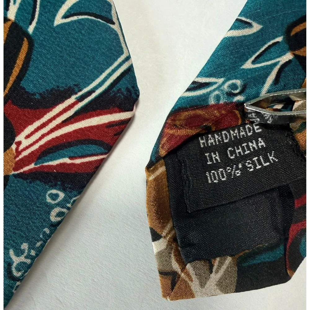 Vintage Geoffrey Beene Silk Necktie Teal Floral Abstract Handmade Art to Wear